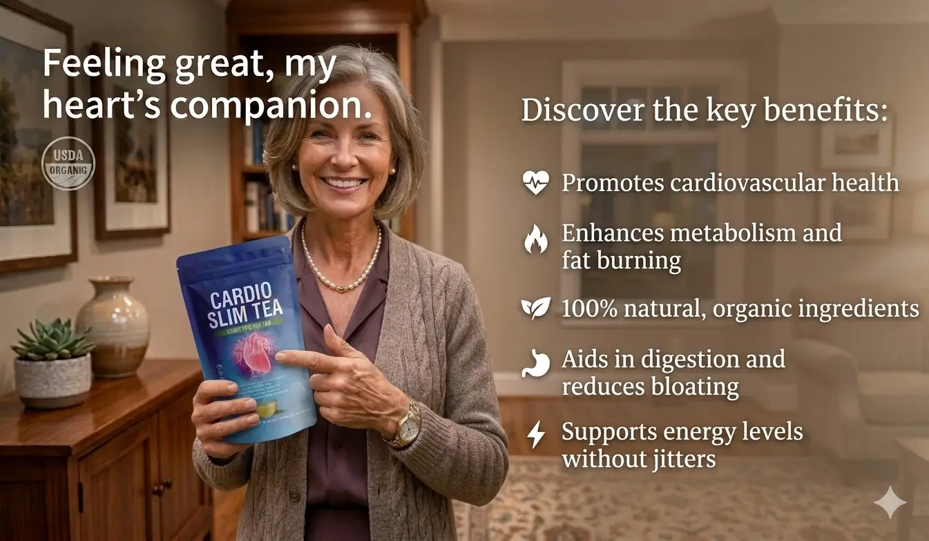A smiling senior woman holding a bag of Cardio Slim Tea in a cozy living room setting.