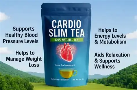 A central bag of Cardio Slim Tea with floating text highlights like 'Supports Healthy Blood Pressure Levels,' 'Helps to Manage Weight Loss,' and others, set against a mountain background.